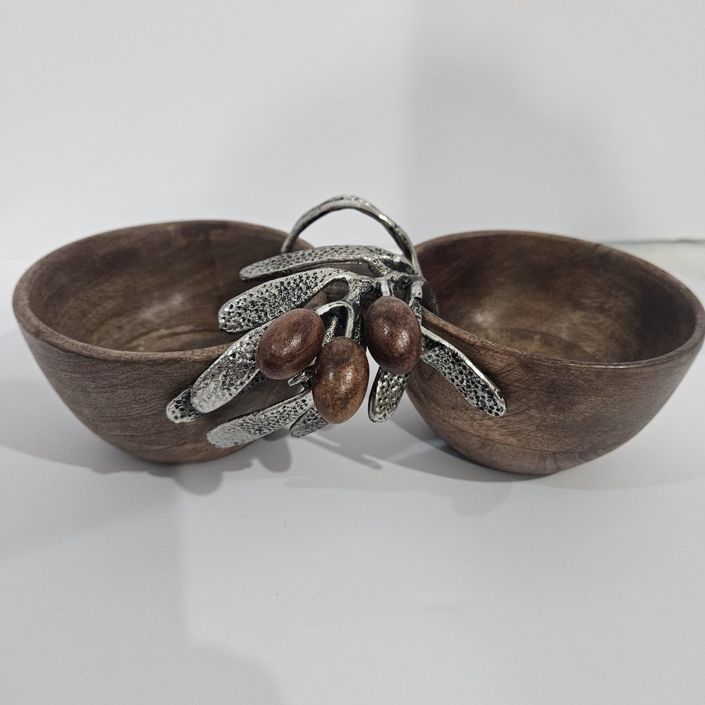 Set of 2 Bamboo Wood Polished Serving Bowls With Metal Accent Olive Themed